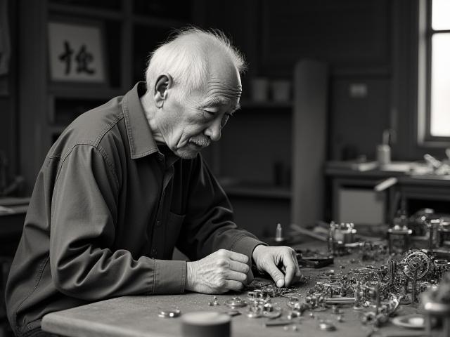 Karakuri Kikouの創業者の古い白黒写真。おそらく初期の工房で、多数の時計部品や工具に囲まれている様子