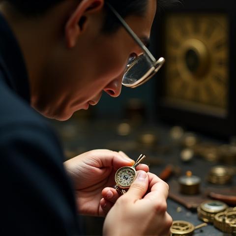 Karakuri Kikouのアンティーク修復スペシャリスト、山本悟の肖像写真。繊細な工具を使い、古い時計の部品を修理している様子。