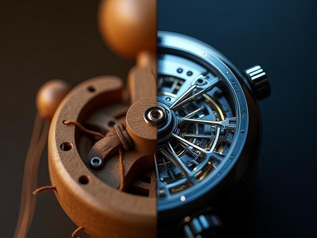 伝統的なからくりと現代のCADデザインの融合を示唆する画像