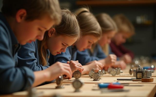 ワークショップで時計の組み立てを学ぶ生徒たち